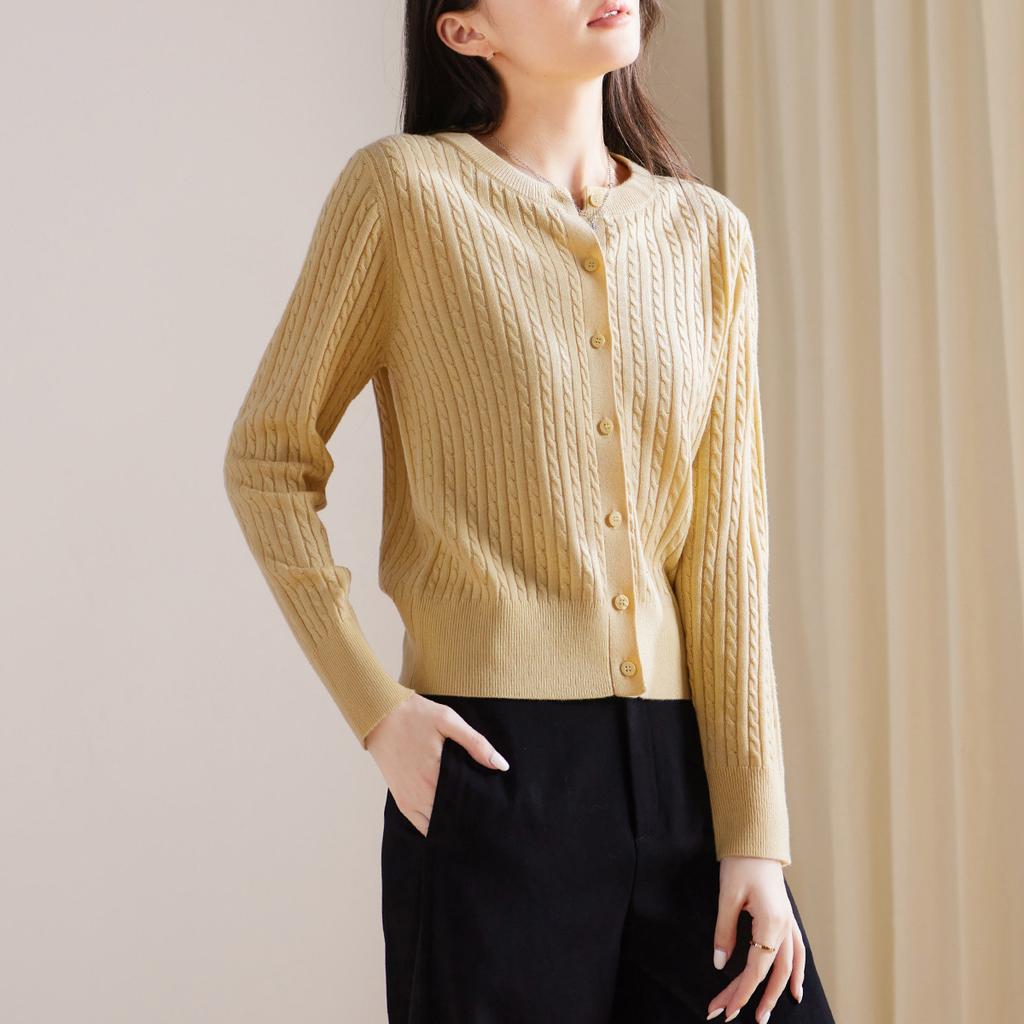Twisted flower round neck knitted cardigan jacket for women in 2026 Spring and Autumn fashion, versatile and slimming casual wool sweater
