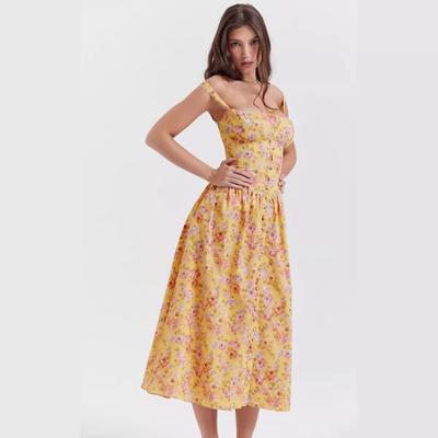 Spring and Summer Women's Halter Short Sleeve Chest Wrapped Small Floral Print Dress Long Dress