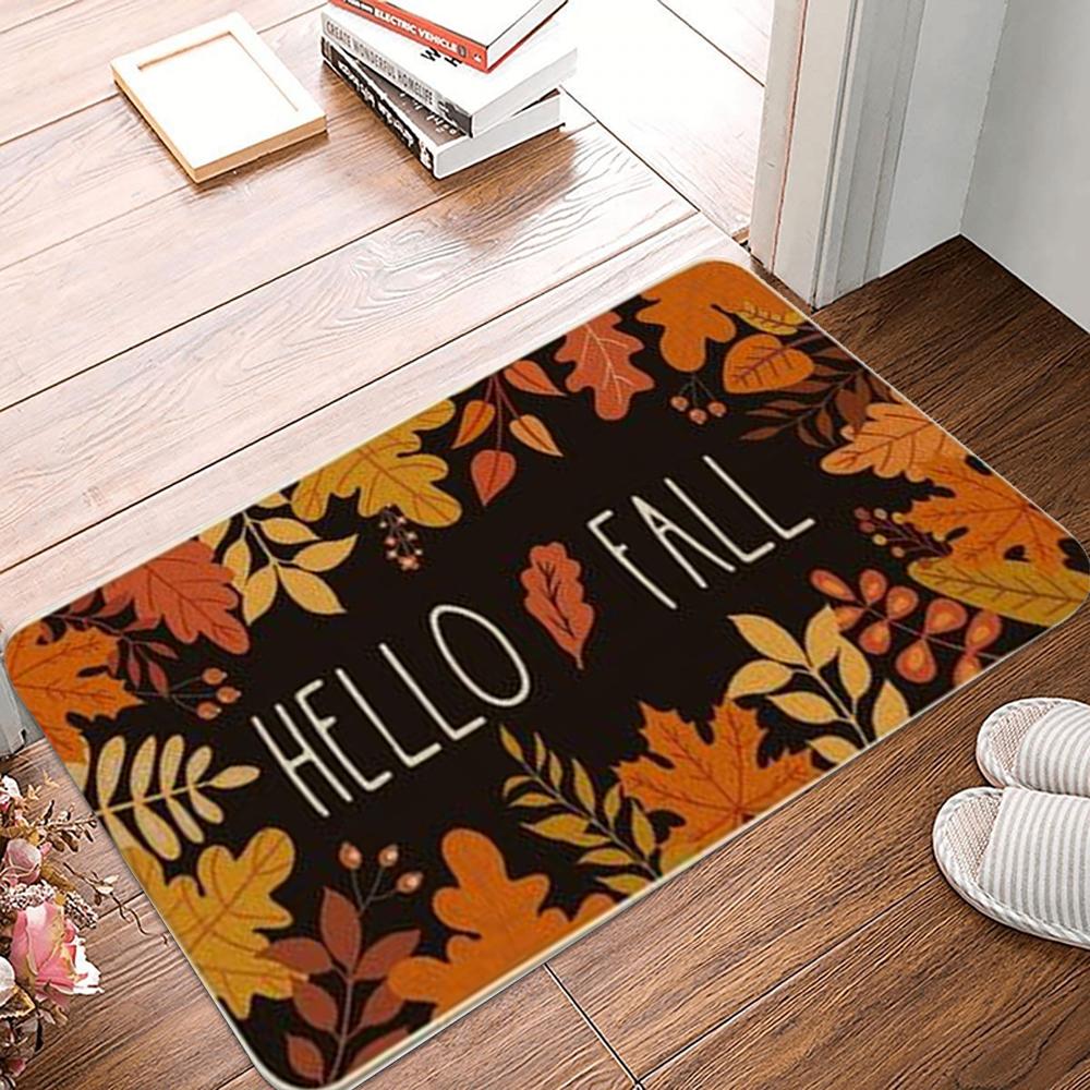 Autumn Theme Door Mat Various Fall Patterns Like Maple Leaves Pumpkins and "Welcome" Letters Non - Slip Floor Mat for Home Decor