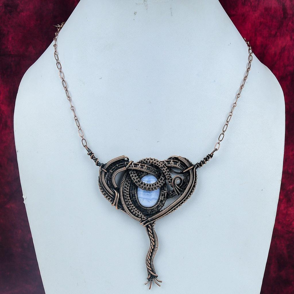 Blue Lace Agate Gemstone Pendant Handmade Copper Wire Wrapped Decent Pendant