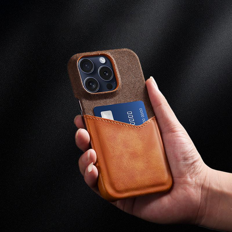 For iPhone 16 Pro Case PU Leather Card Slot Cloth Texture Hard PC Phone Cover