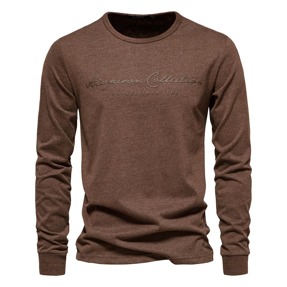 Men's Long-sleeved New Solid Color T-shirt, Casual Sports Round Neck Pure Cotton Letter-printed Long-sleeved Bottoming Shirt