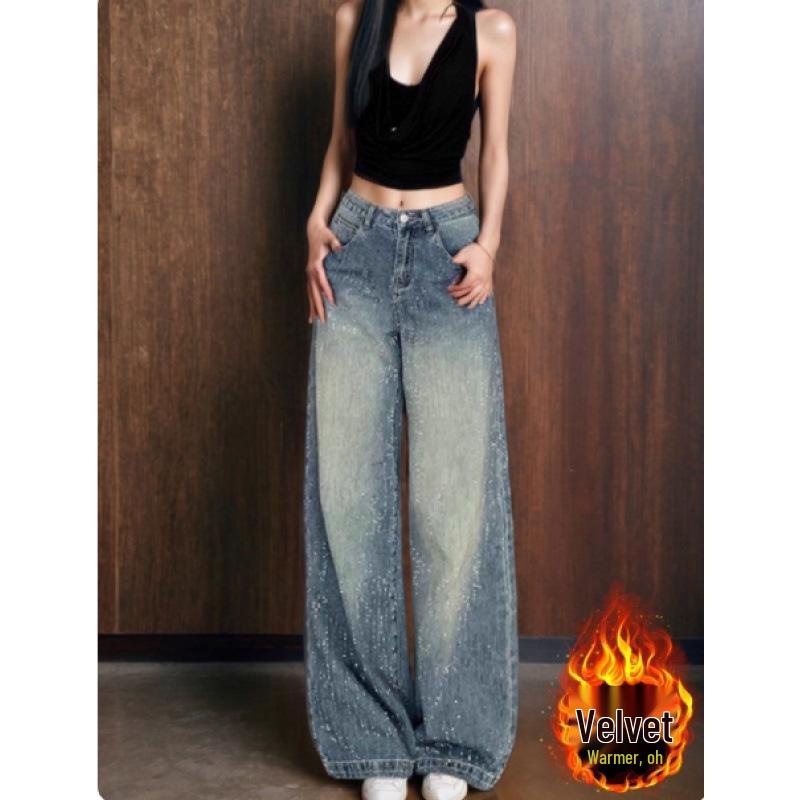 

Women s High Waist Rhinestone Starry Denim Pants - Autumn 2025, Loose Wide-Leg Floor-Length Style L
