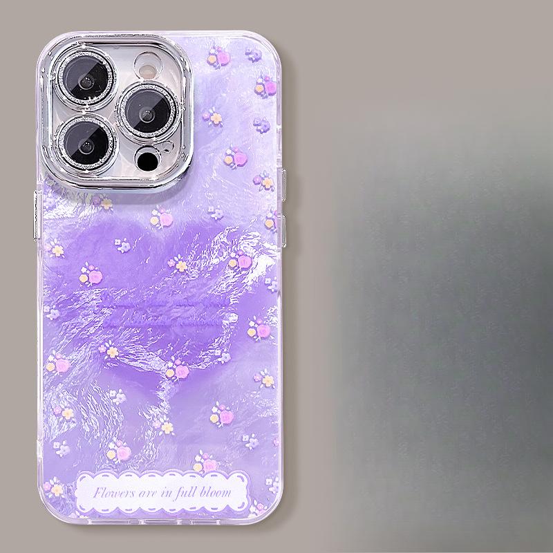 Pink Florals Suitable for Apple 16pro Glacier Pattern Mobile Phone Case 15 Full-inclusive Lens Film 14 Spring and Summer 13 Small Fresh X