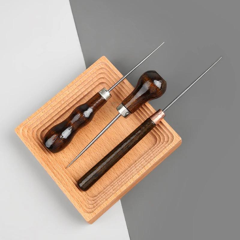 1/3Pcs Wooden Handle Awl DIY Leather Tent Sewing Awl Pin Punch Hole Repair Tool Hand Stitcher Leathercraft Needlework
