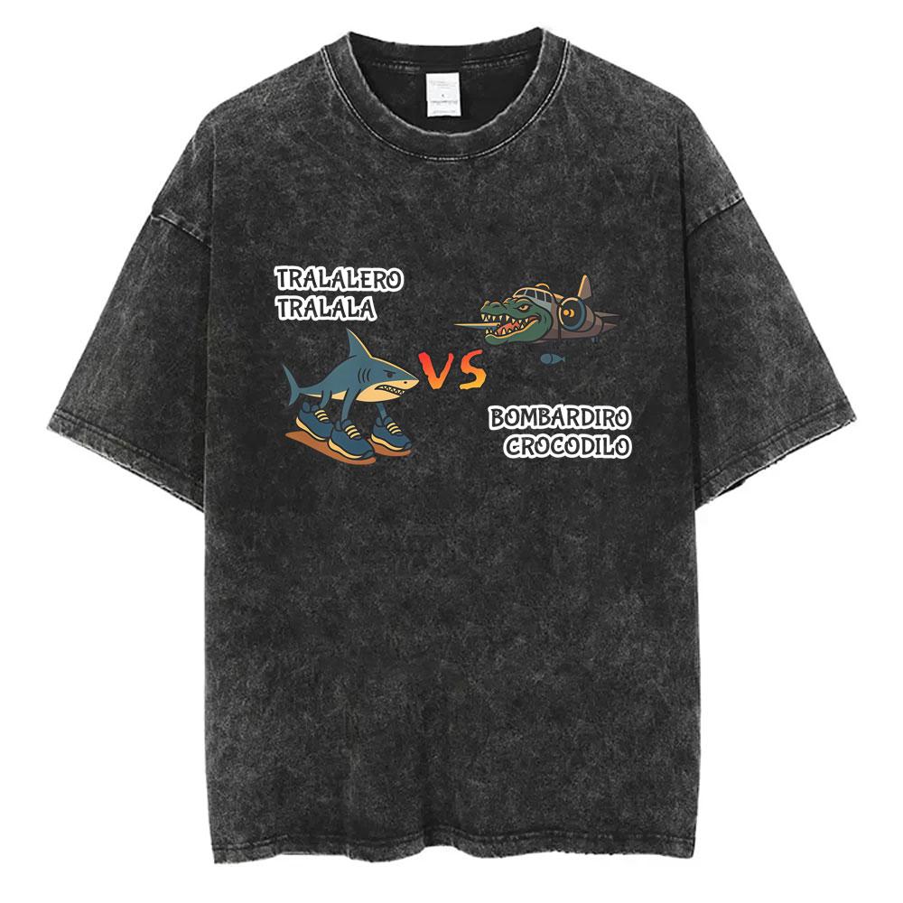 Bombardiro Crocodilo Crocodile Plane Bomber Funny Meme Washed Vintage T-shirt Men Women Casual Italian Brainrot Humor Style Tees