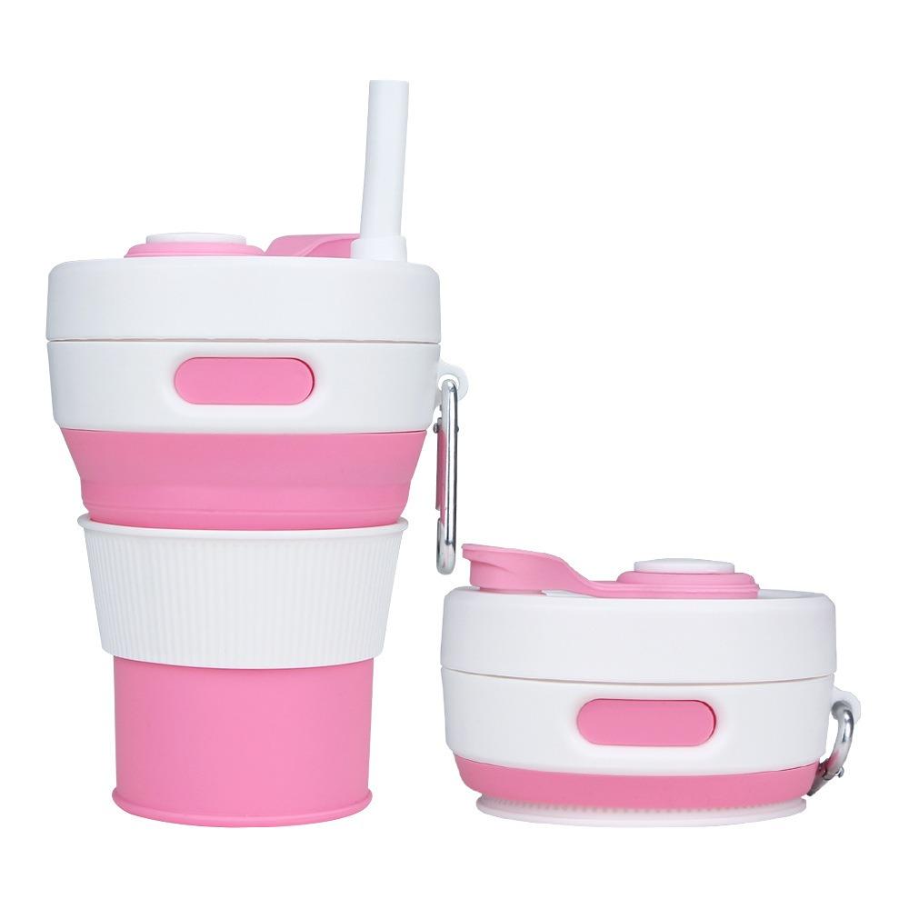 450ml Silicone Folding Straw Cup Space Saving High Temperature Resistant Retractable Cup with Buckle Leakproof Collapsible Cup