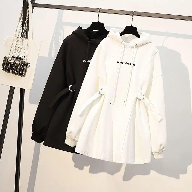 Frühlings- und Herbst-Bomben-Street-Age-Reduction-Buchstabendruck, Schnür-Taille, langer, übergroßer Pullover mit Kapuze