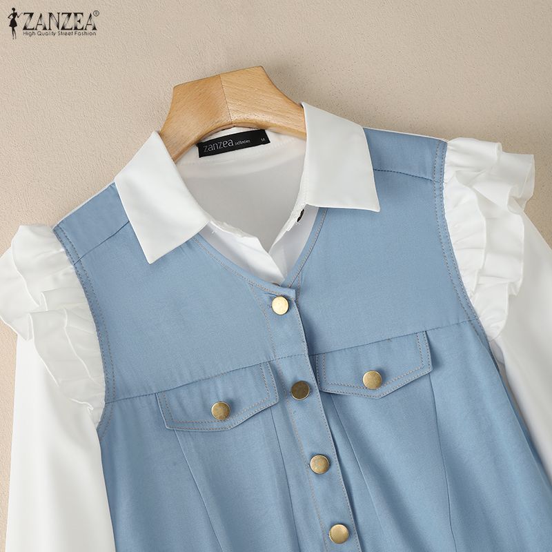 ZANZEA Blouse Patchwork Ample Décontractée à Manches Longues pour Femmes