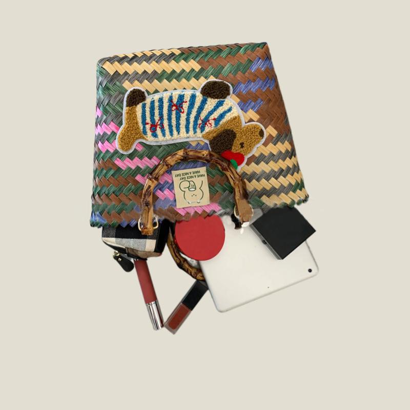 Retro Striped Dachshund Dog Woven Bag Trendy Cute Handbag Large Capacity Tote Bag  Bamboo Handle Vegetable Basket Bag