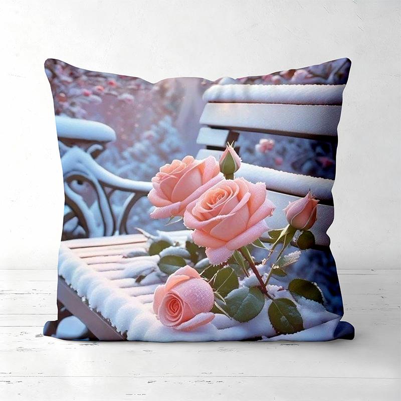 Pink Roses On Snowy Scenes Decorative Throw Pillows Polyester pillowcase, sofa decorative cushion cov Headboard Pillow