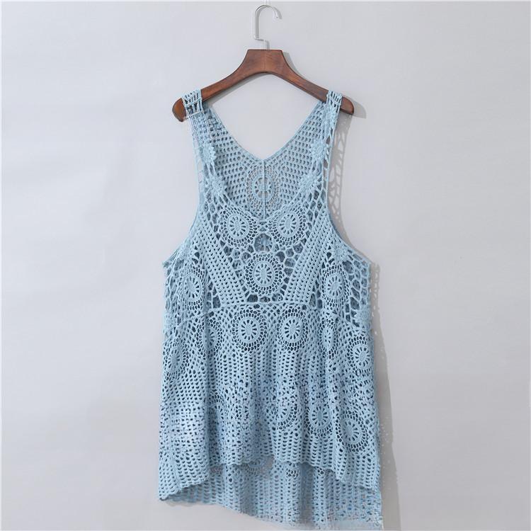 Women's New Crochet Hollow Versatile Vest, Loose Temperament and Fashionable Exterior Literary Asymmetrical Beach Blouse