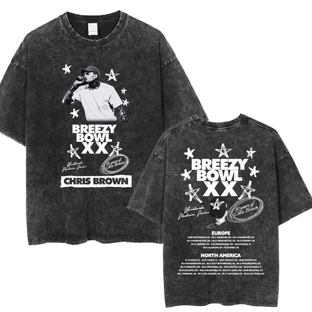 Chris Brown Breezy Bowl XX Concert Tour Washed T Shirts Vintage Hip Hop Gothic T Shirt Mens Oversized Cotton Tshirt Streetwear