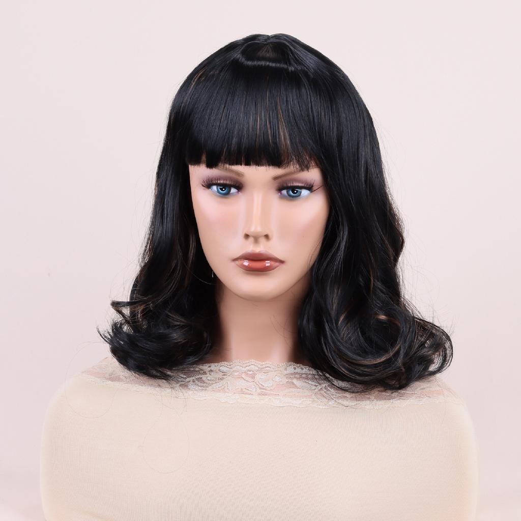 Synthetic Mixed Black Brown Wigs Short Wavy Wigs With Bangs for Women Daily Cosplay Natural Bob Hair Wig Heat Resistant Fiber