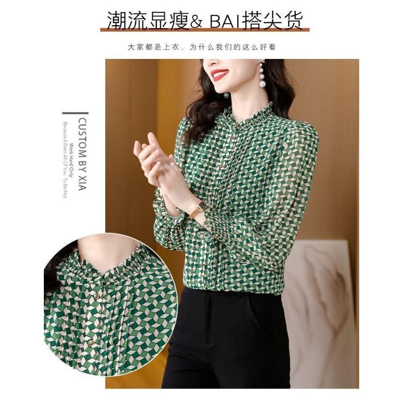 Chiffonblus Dam Långärmad Ny Höstmode Tryckt Ståkrage Temperament Mångsidig Chiffonblus Topp