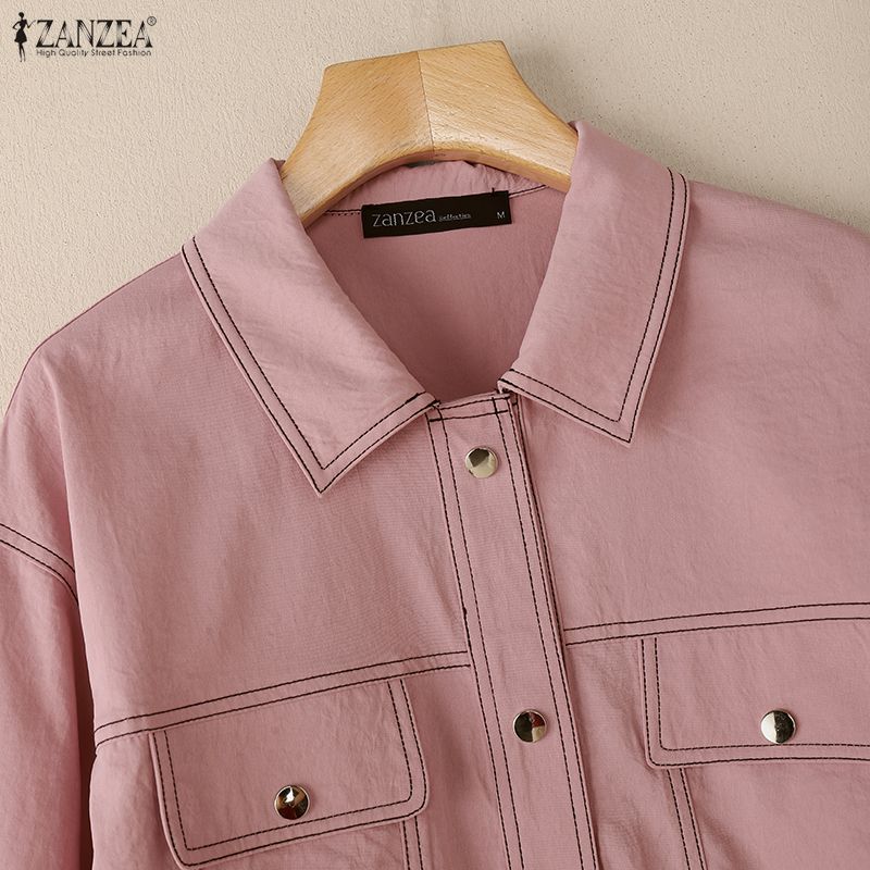 ZANZEA Kvinner Casual Turn Down Krage Løs Langermet Bluse