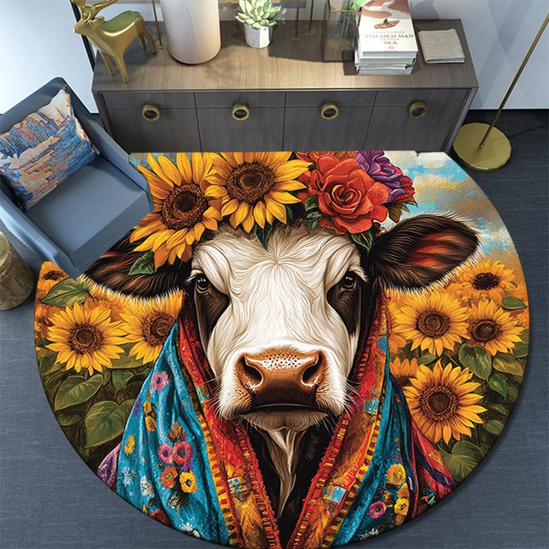 Cow with Sunflower Round Area Rug,Carpet Rug for Living Room Bedroom Sofa Playroom Decor,Non-slip Floor Mat