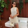 Women Sleeveless Knit Mini Dress High Neck Hollow Out Fringe Hem Elegant Solid Color Tank Dress