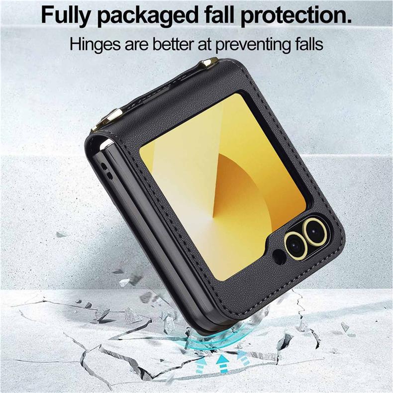 Compatible with Samsung Z Flip7/6 Leather Crossbody Strap Case, Z Flip5 Card Slot 3-Fold Cover.