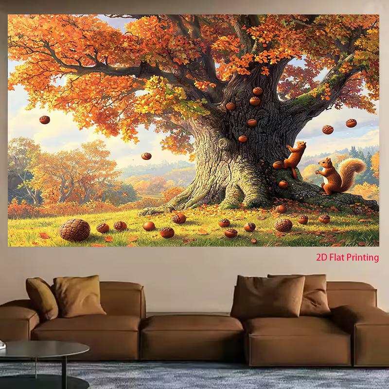 2D Fall Forest Backdrop, Autumn Oak Tree with Squirrels Background for Harvest Festival Decor