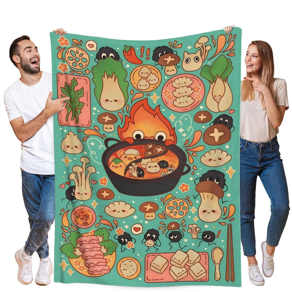 soft flannel four-season sofa bed cover with anime themes, featuring fantasy characters and food patterns, for home decoration