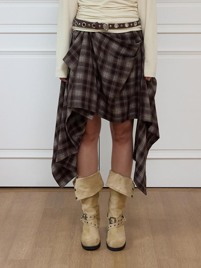 Minderly Check Draped Long Skirt - Brown
