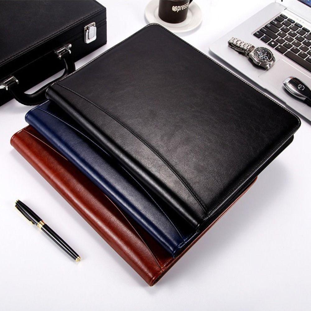 Portable PU Leather A4 File Folder Zipper Bag Card Holder Pen Insert Business Briefcase Zipper Closure Memo Pad Clip Conference