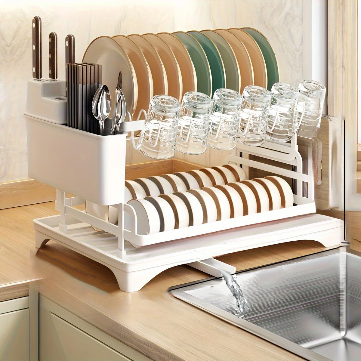 Dish Drying Rack, 2 Tier Dish Racks for Kitchen Counter, Large Drying Rack with Drainboard, Rustproof Dish Drainer Organizer L&2-tier белый