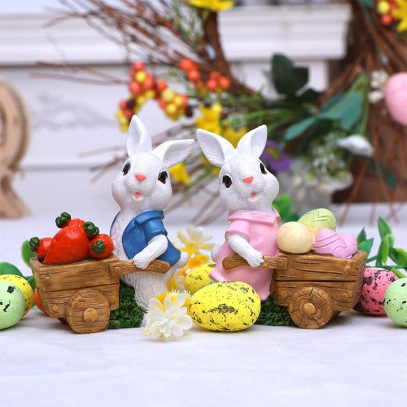 2Pcs Easters Bunnies Sculptures Resins Animal Ornaments Rabbit with Cart Figurines for Balconies Patios or Home Decors