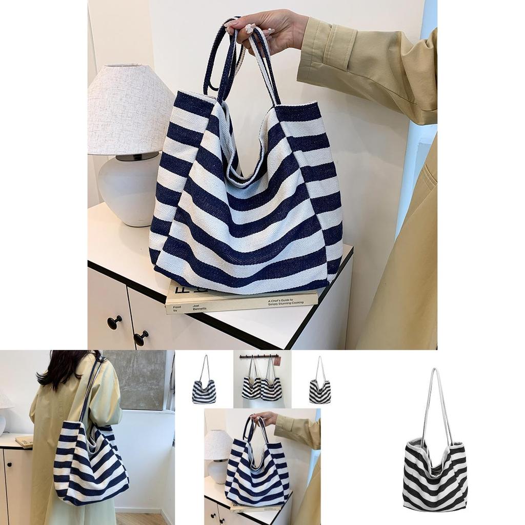 Stylish Korean Ins Color Block Striped Canvas Tote Bag Large Capacity For Shopping