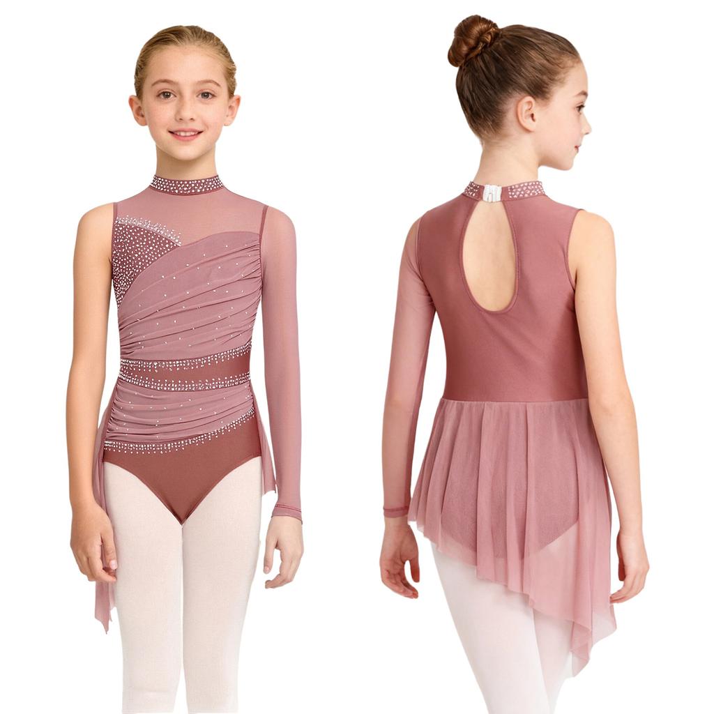 Vestido de Dança Lírica para Meninas Fantasia de Patinação Artística Strass Brilhantes Saia com Sobreposição de Malha Franzida Collant com Saia para Apresentação