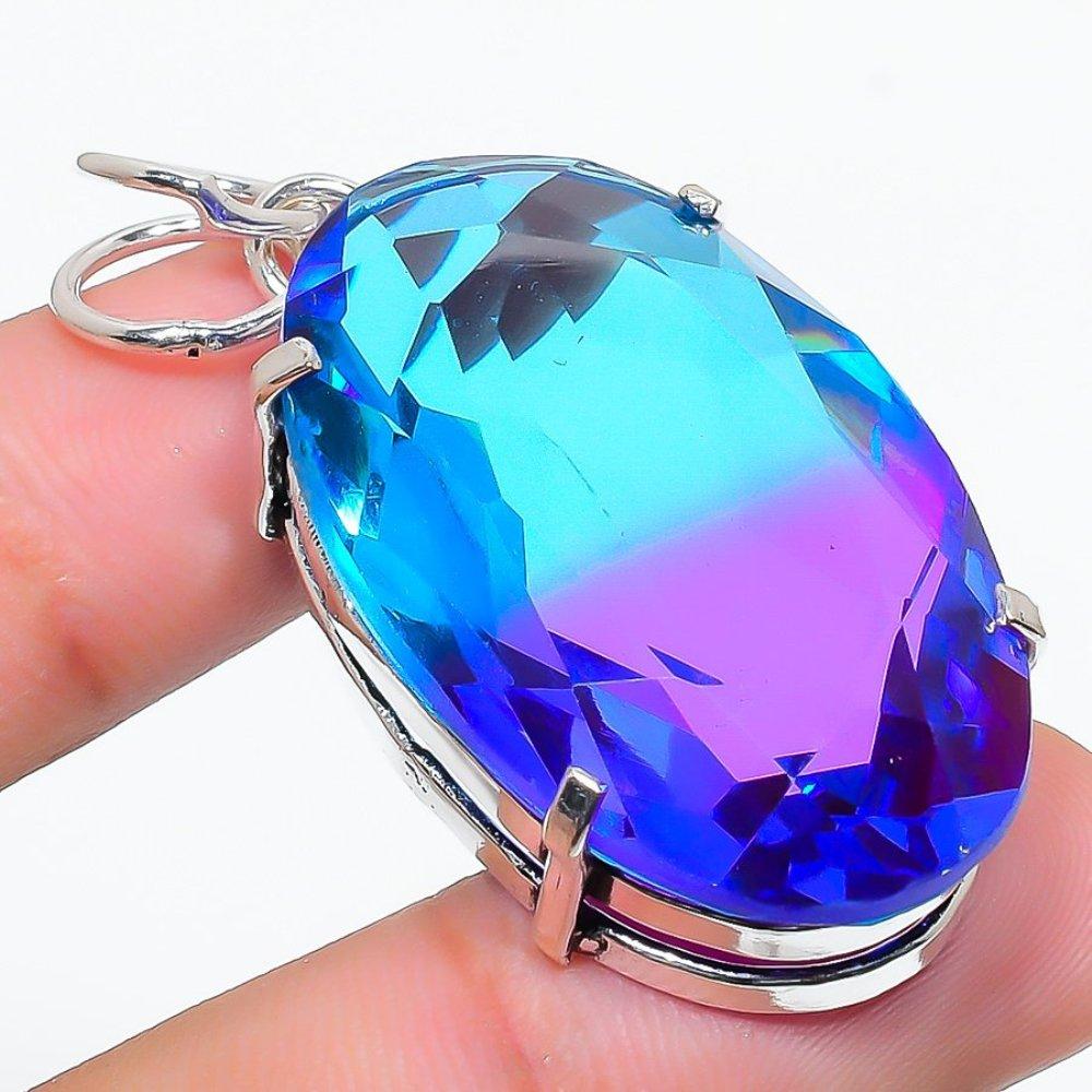 Bi-Color Tourmaline Gemstone Handmade 925 Sterling Silver Pendant 1.97" N6R58