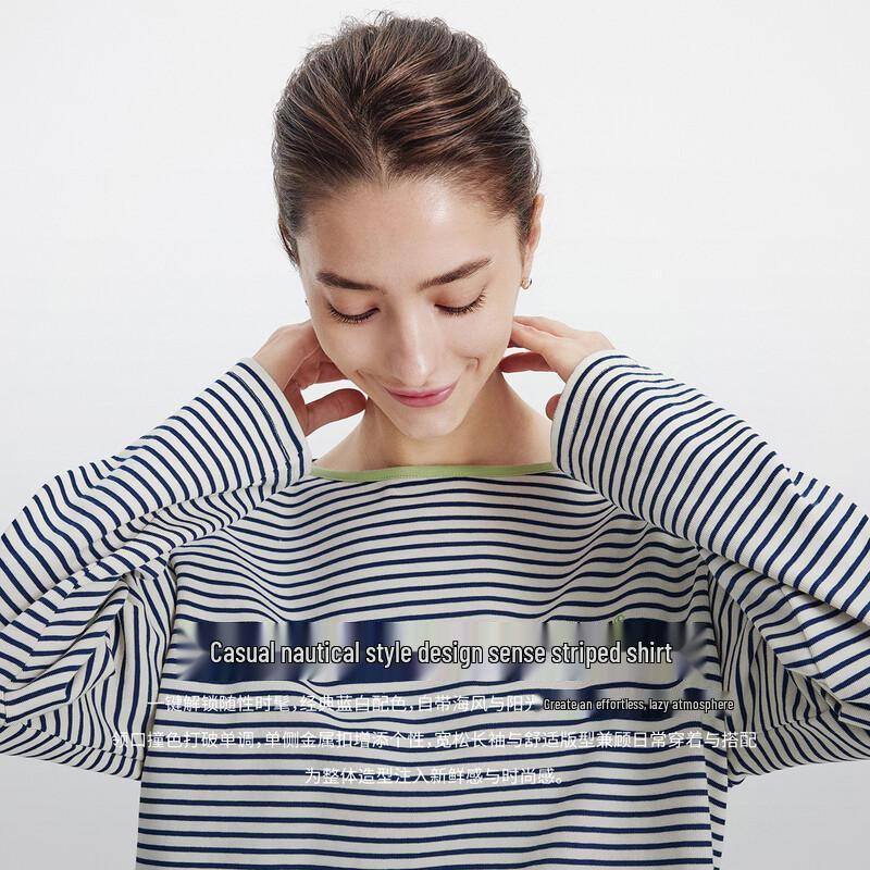 Navigare Women's Striped Cotton Long Sleeve Off-Shoulder T-Shirt