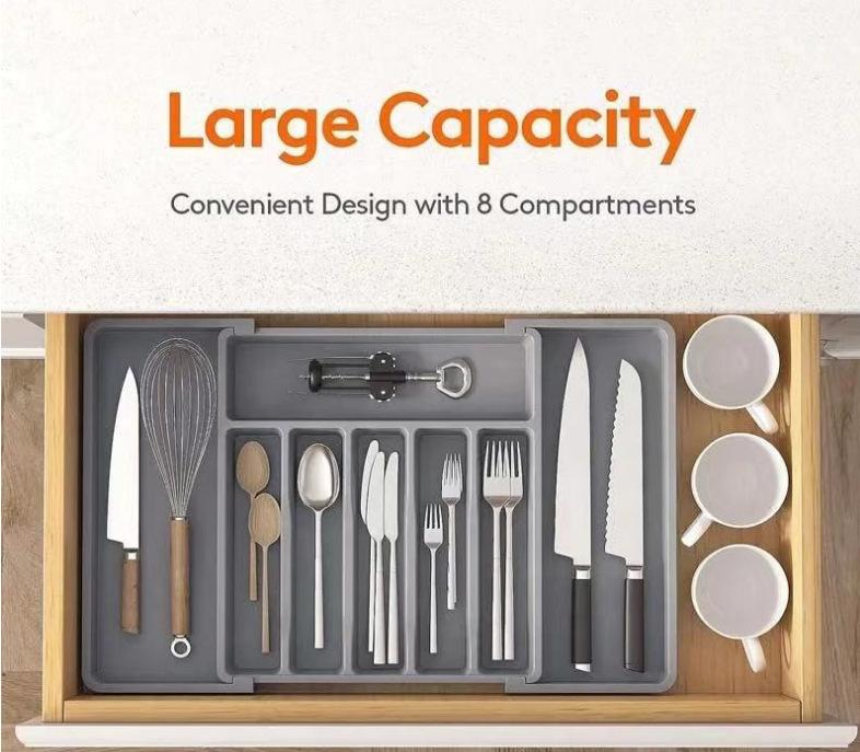 

Expandable Utensil Tray Extended Tableware Storage Box - Home Portable Telescopic Storage Tray Kitchen Storage Box S сірий