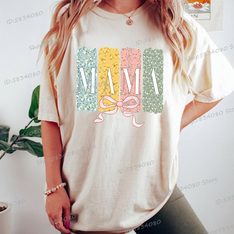 Floral Mama Coquette Bow Tshirt Mothers Day Fashion Casual Tops Boho Mama Shirt Design Floral Spring Gift for Mom Funny T Shirt