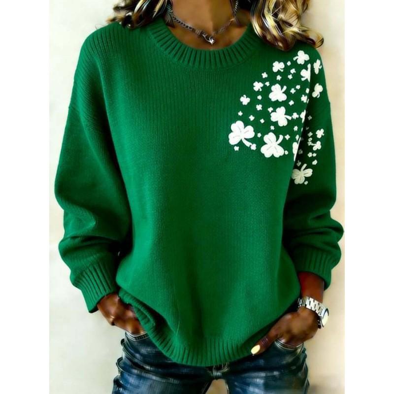 2026 Womens Oversized Knit-Style Crewneck Sweatshirt With 3D Clover Print Thick Warm Streetwear Top