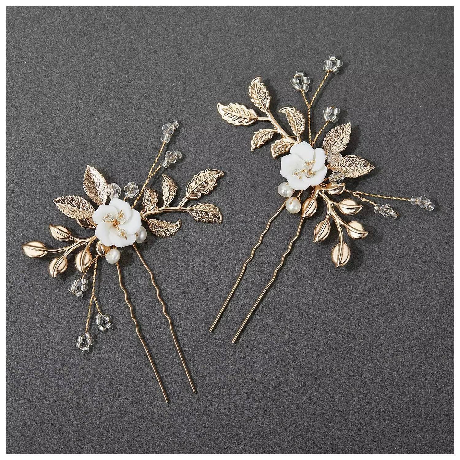 Europe and America Cross Border 2 Pieces a Set of Gold White, with Pattern Leaves Flower Crystal Beads U-Shaped Hair Clasp Pin золотой