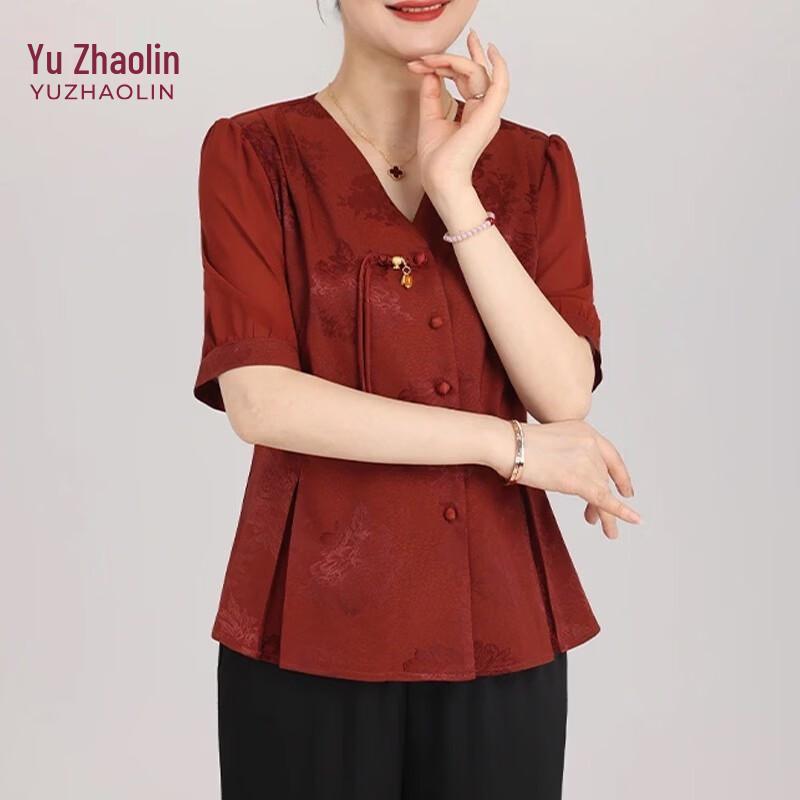 YUZHAOLIN Women s Chinese Style Retro V-Neck Short Sleeve Blouse XL