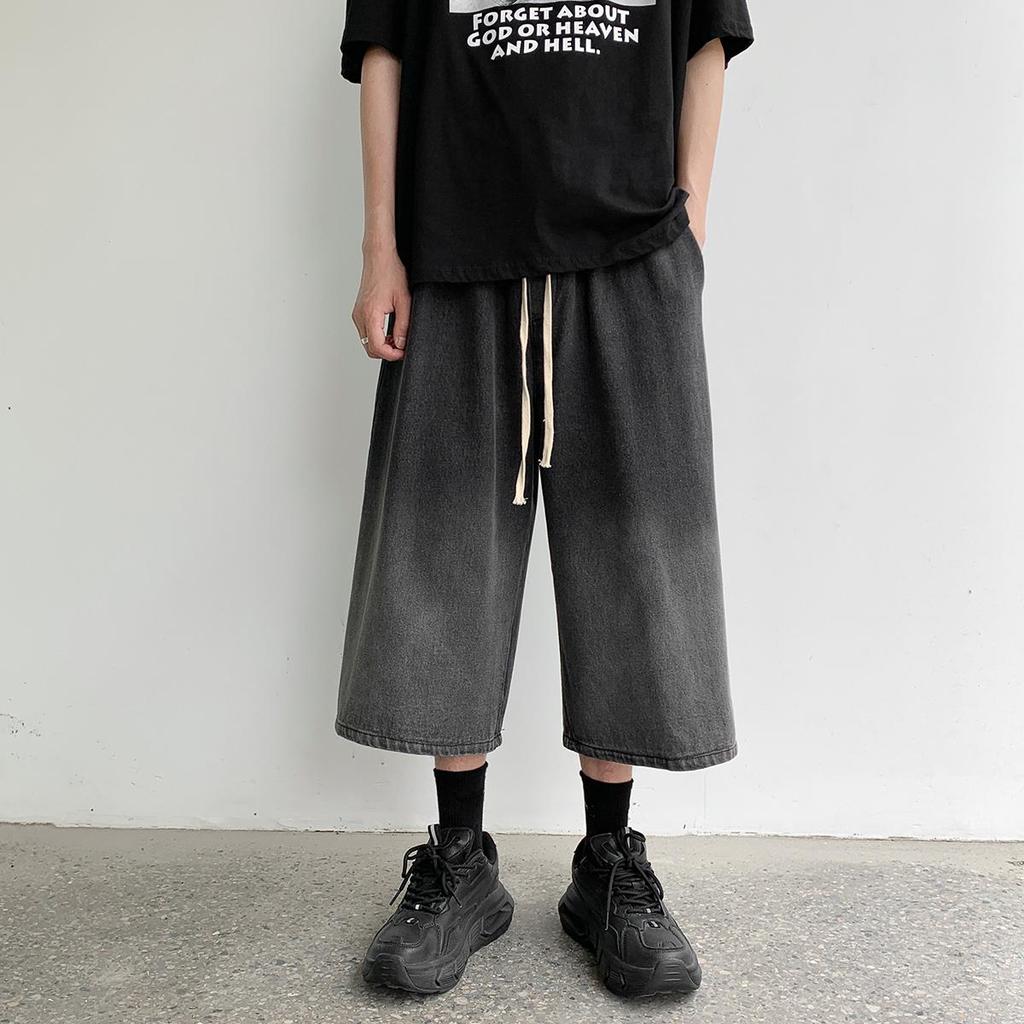 2026 Summer New Casual Calf-length Men's Jeans Pants Harajuku Elastic Waist Solid Color Baggy Jeans For Man