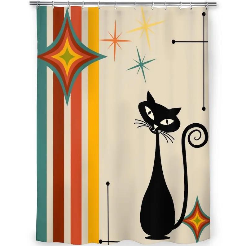 Atomic cat stripes and star shower curtain, retro, Mid Century Modern, MCM bathroom decor, kitschy, black cat lover