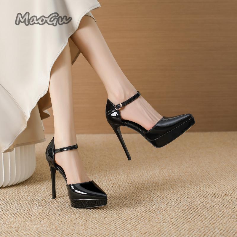 Mode 12CM High Heels für Damen Lackleder Knöchelriemen Elegant Partykleid Schuhe Spitze Zehenpartie Sandaletten mit Absatz Hochzeit Nachtclub