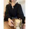 1116 French Retro Niche Design Top Women's Bubble Sleeve Chic Fungus Edge Long-sleeved Shirt