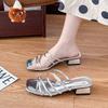French temperament beautiful cool slippers women's wear 2025 summer square head open toe with skirt word with thick heel slippers