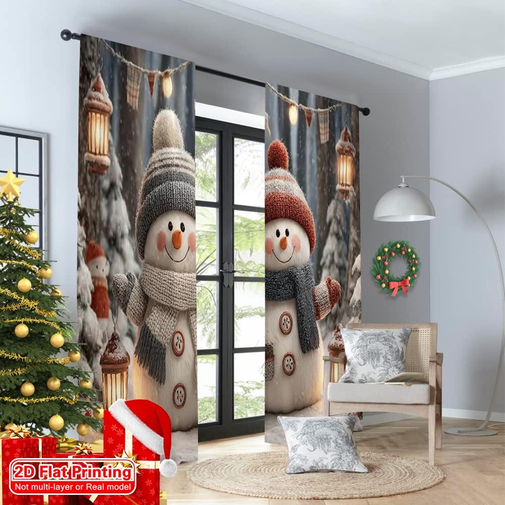 2pcs 2D flat printing Merry Christmas Popular Curtain Winter Wonderland Snowman Versatile 100% Polyester Without Electricity