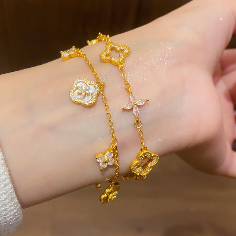 24K Gold-Plated Zircon Flower Bangle: Elegant, High-End, Versatile Bracelet for Women