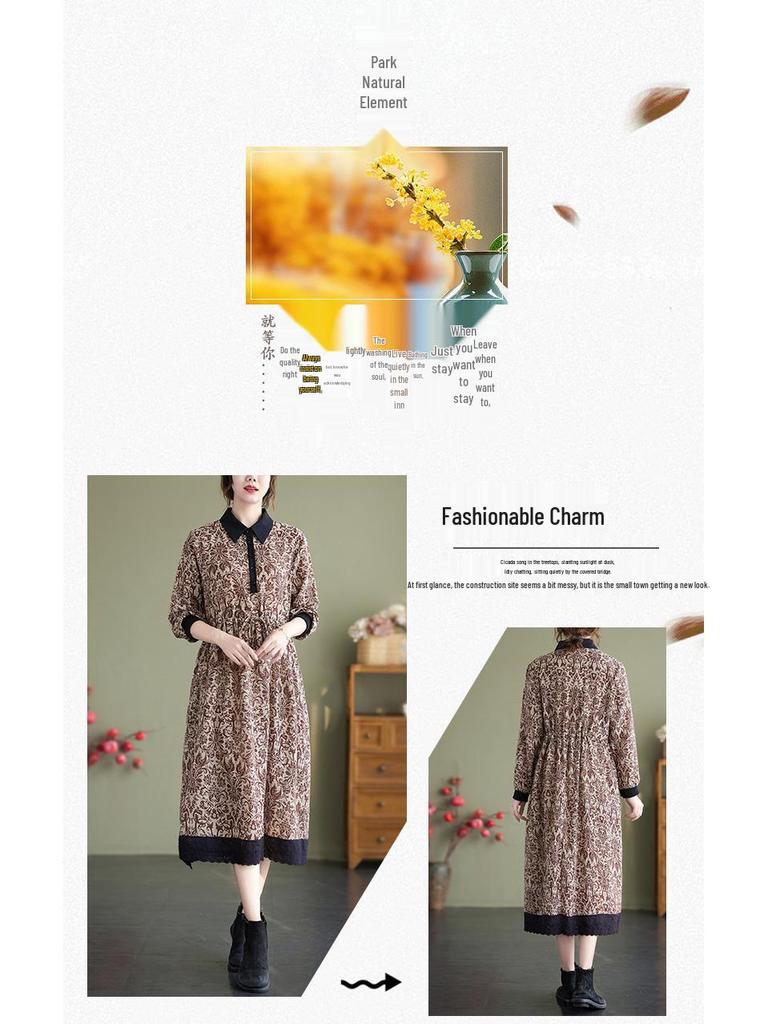 Autumn Literary Print Cotton and Linen Long Shirt Dress