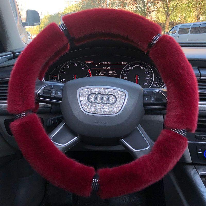Car Steering Wheel Cover Winter Plush Female Korean Cute Universal Fashion Pink Gray Black Diamond-Studded Handlebar Cover