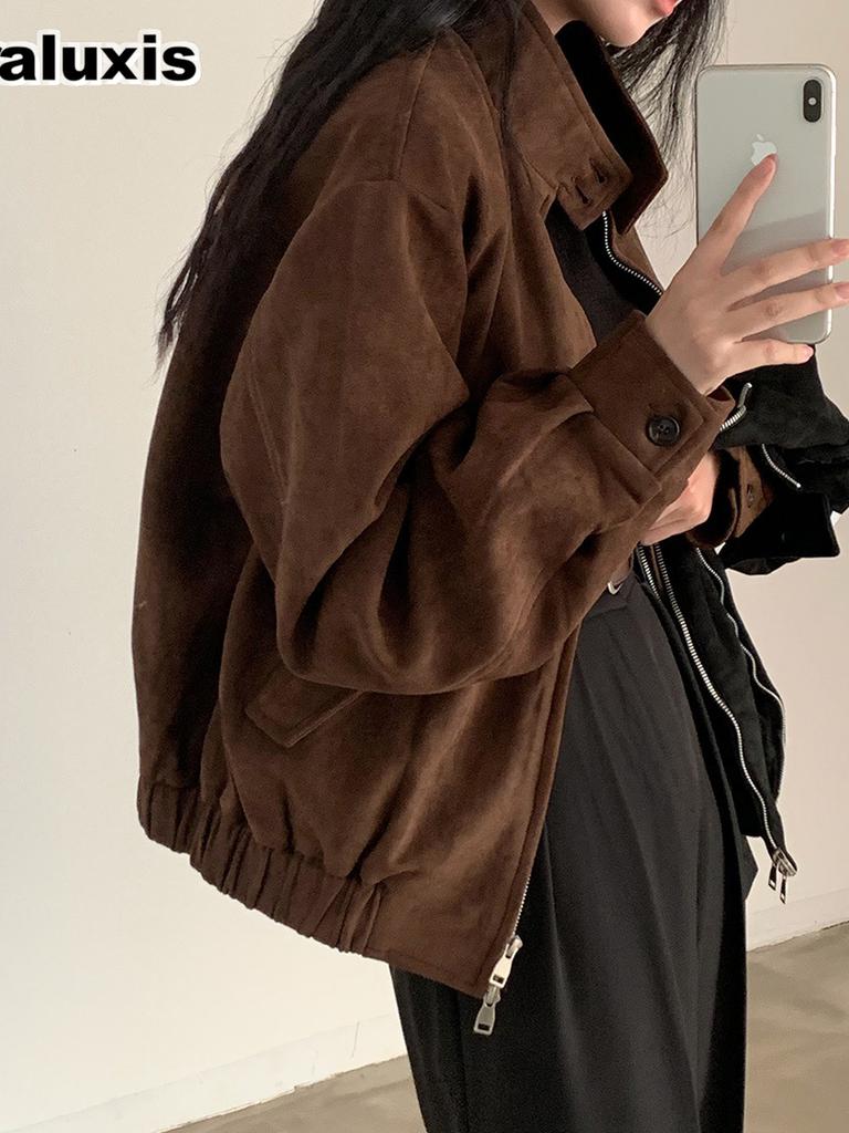 Vintage Faux Suede Jacket Women's Spring/Autumn Fashion Oversized Short Coat Top Trendy
