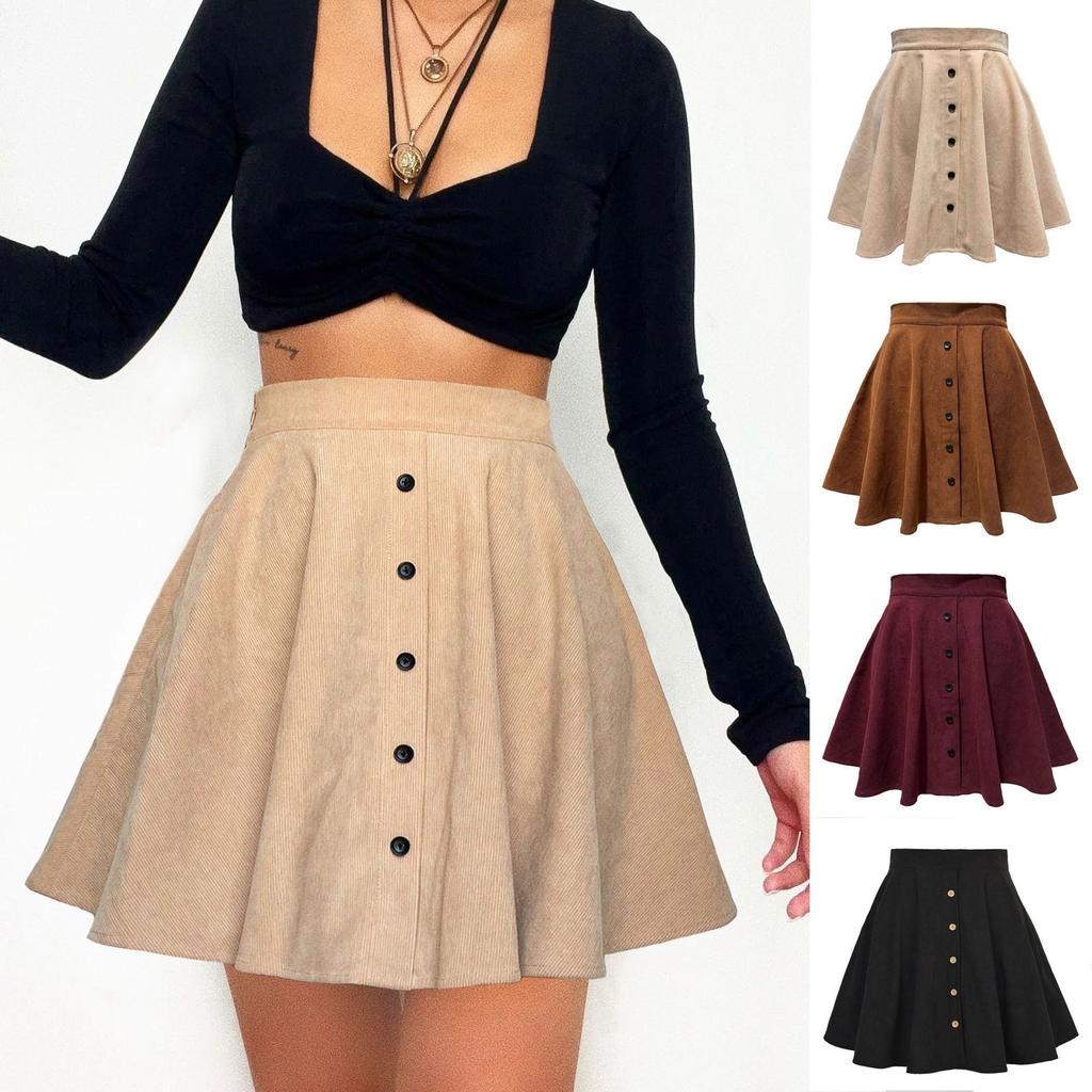 Women's Solid Color Corduroy Skirt Fashionable Sweet Single Row Button High Waisted Umbrella Skirt for Women