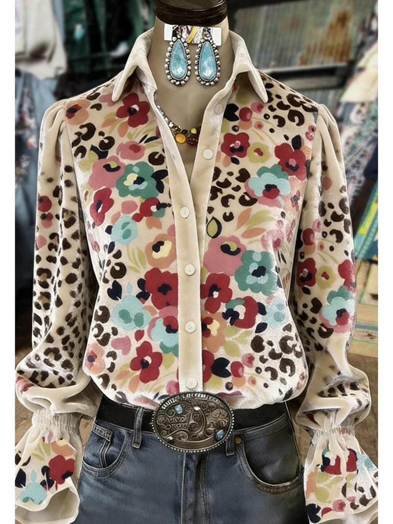 New Style Creative 3D Print Women's Velvet Lapel Shirt - Fashionable and Versatile Long Sleeve.
